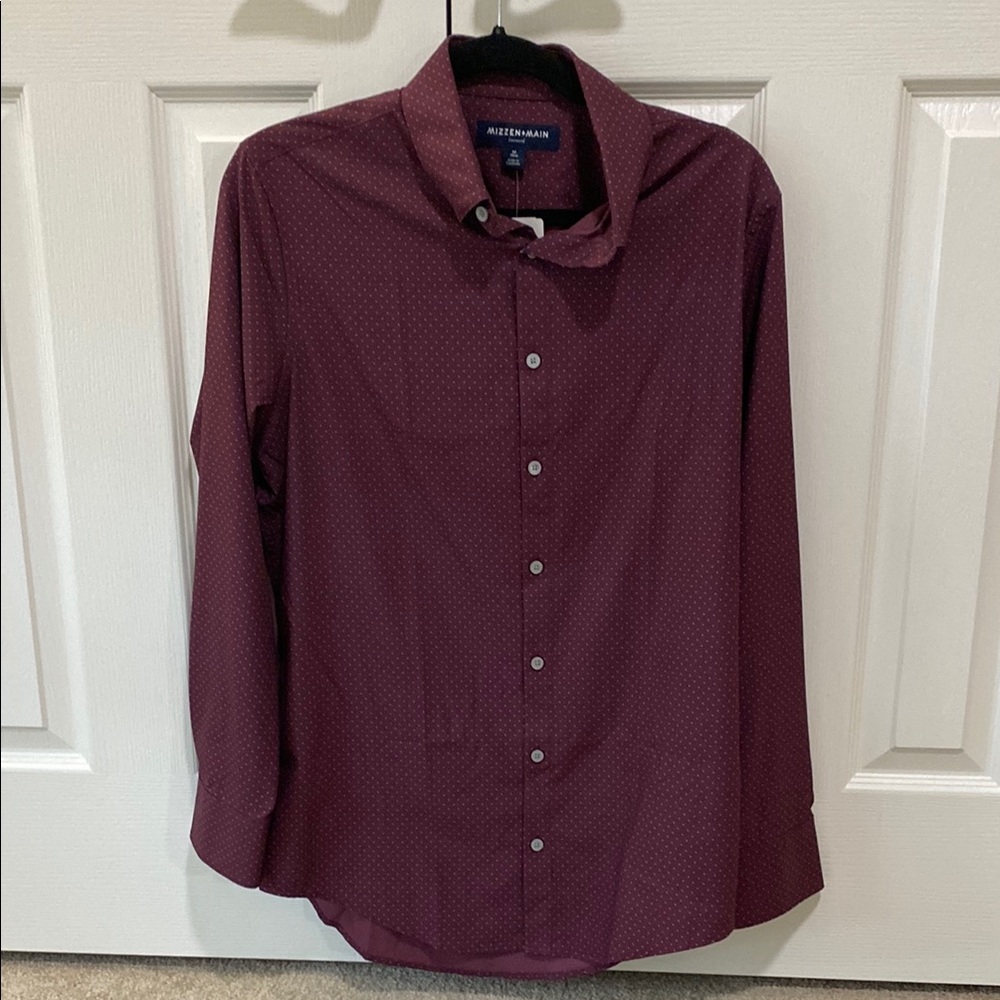 Mizzen+Main Leeward Dress Shirt-MAROON-GRAY MICRODOT-Medium Trim - NEW WITH TAGS